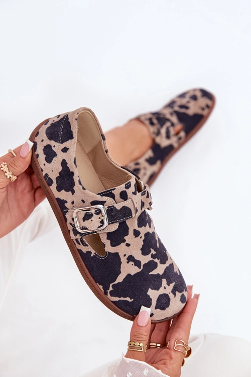 Zamszowe Półbuty Barefoot Damskie Z Klamrą Łaty Zazoo N1261 Brązowo-Beżowe