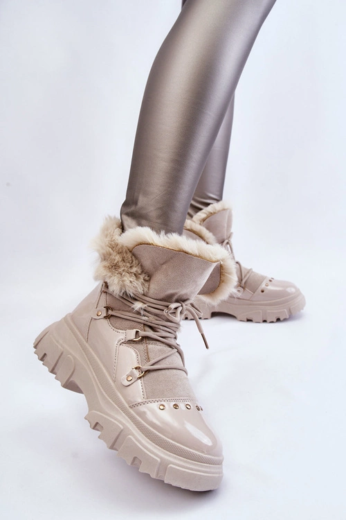 Damskie Botki Z Futerkiem Sznurowane Jasnobeżowe Merron