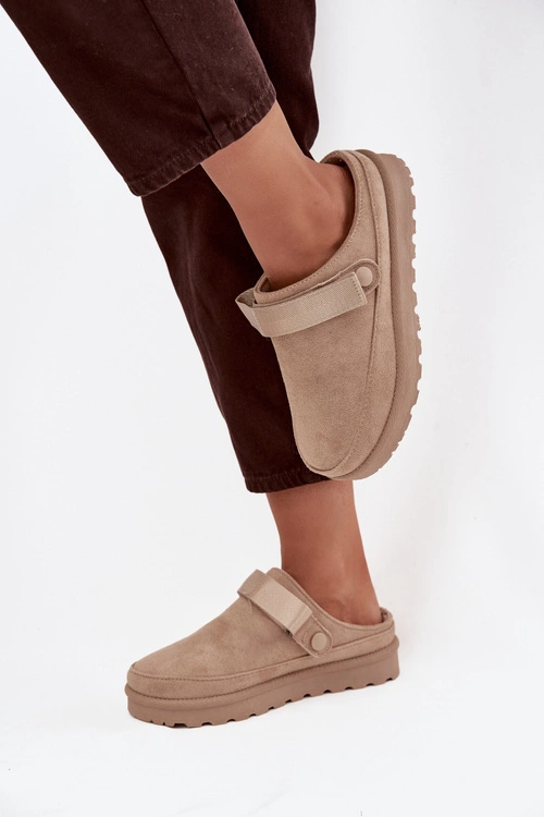 Damskie Kapcie Ocieplane Futerkiem Na Platformie Beżowe Azida