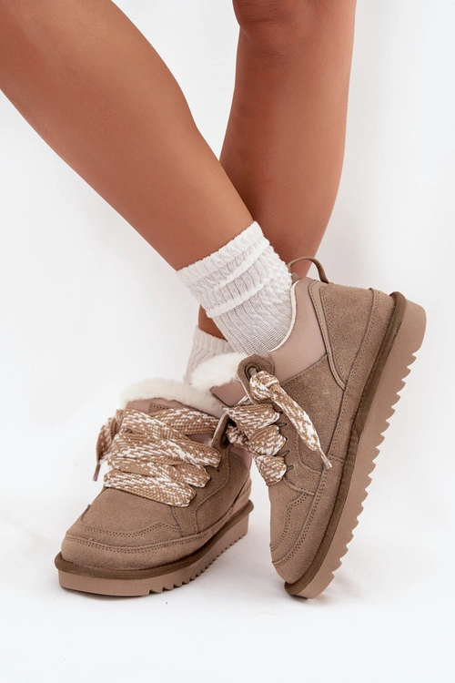 Zamszowe Śniegowce Damskie Z Futerkiem I Grubym Sznurowaniem Vinceza 97963 Beżowe