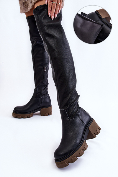 Modne Skórzane Damskie Kozaki Za Kolano Czarne Lemar Venise