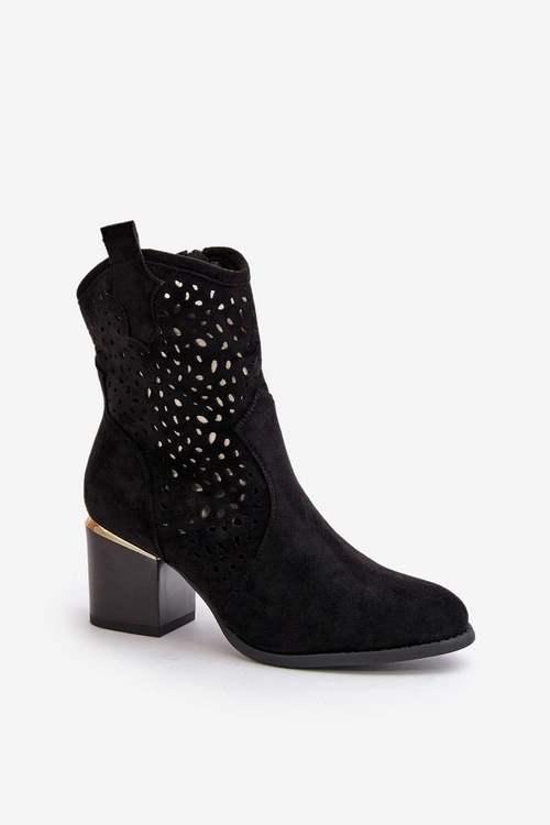 Ażurowe Botki Na Słupku Z Eko Zamszu Zapinane Na Zamek Czarne Sevana