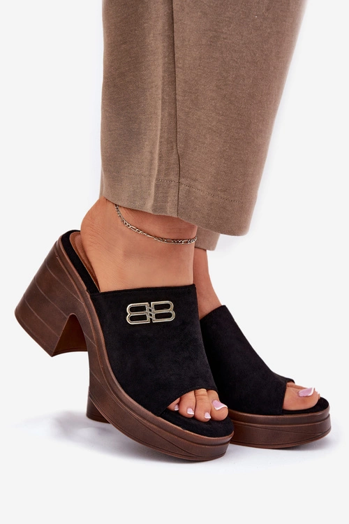 Klapki Damskie Na Masywnym Obcasie Ze Złotym Detalem Vinceza 17400 Czarne