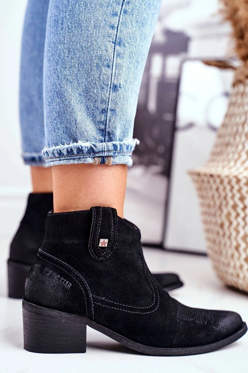 Botki Damskie Na Słupku Skórzane Big Star Czarne GG274329