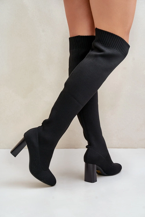 Kozaki Ze Skarpetkową Cholewką Za Kolano Na Słupku Czarne Esanira