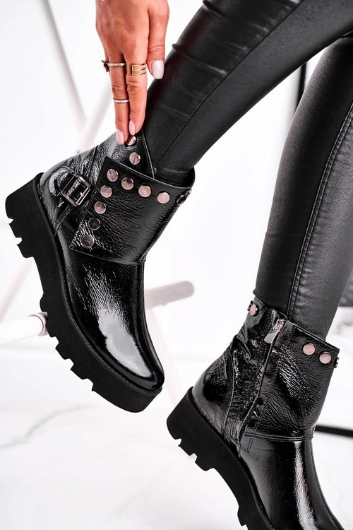 Damskie Botki Skórzane Lakierowane Czarne Exquisite 1199