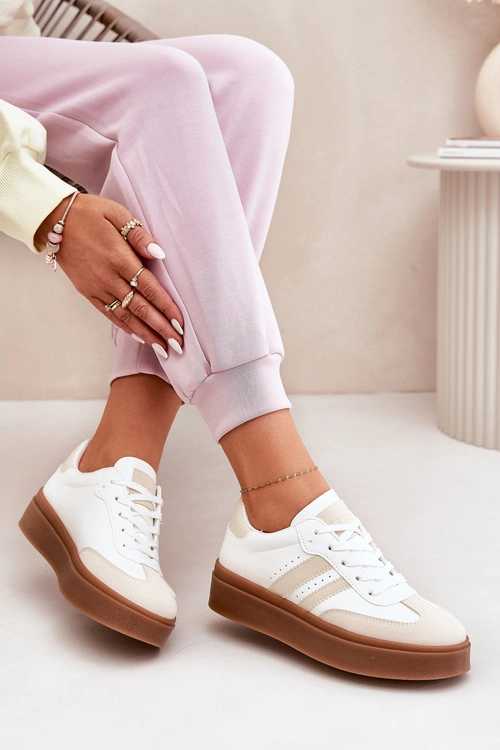 Sneakersy Damskie Na Platformie Z Eko Skóry Beżowo-Białe Ediriella