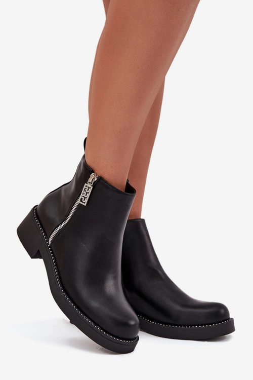 Ocieplane Niskie Botki Damskie Z Cyrkoniami Czarne Vionna