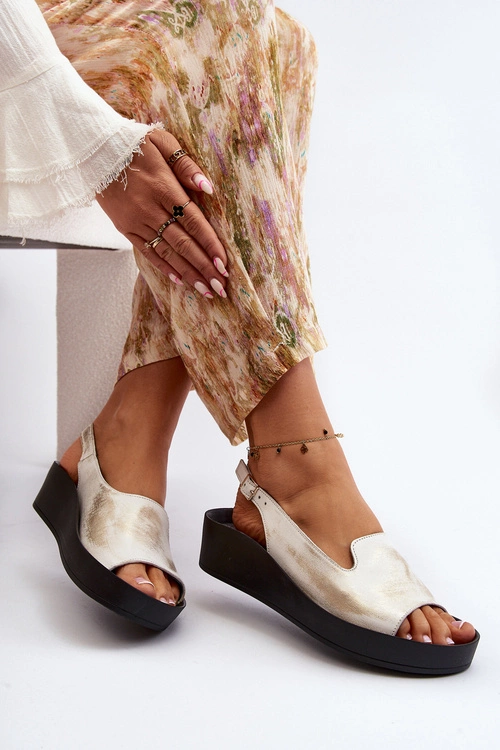 Zazoo 2893 Sandały Damskie Skórzane na Grubej Podeszwie Złoty Przecierany