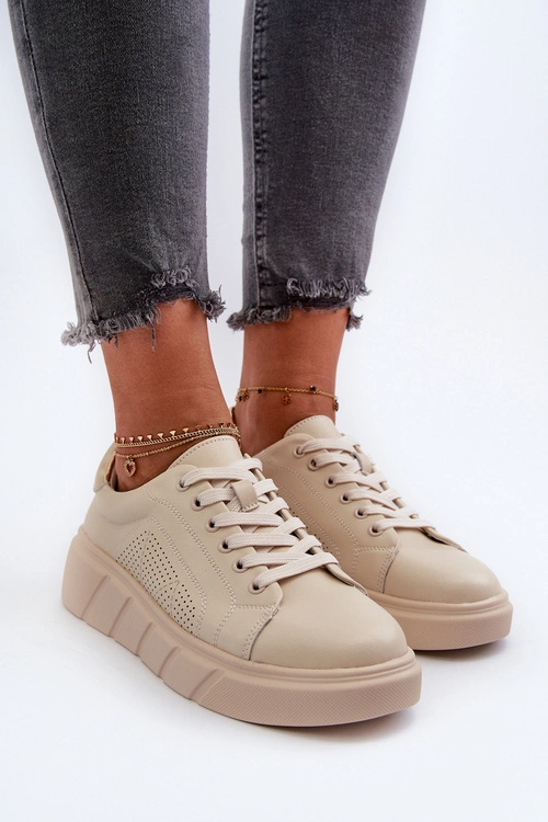 Damskie Skórzane Sneakersy Na Platformie Beżowe Gatira