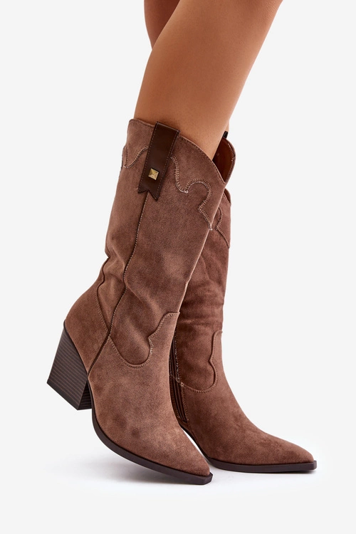 Ocieplane Kozaki Kowbojki Na Słupku Eko Zamszowe Brązowe Hanivin