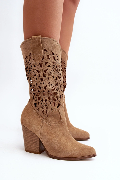 Zazoo 3414 Damskie Ażurowe Botki Na Słupku Zamszowe Beżowe