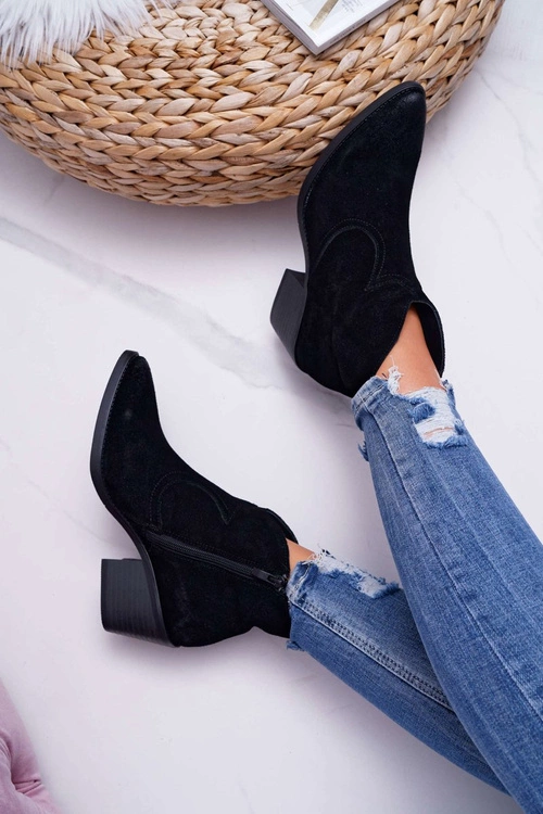 Damskie Botki Kowbojki Zamszowe Czarne Barski 1638