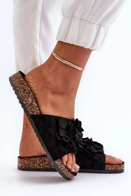 Klapki Damskie Na Korkowej Platformie Z Eko Zamszu Czarne Jaihini