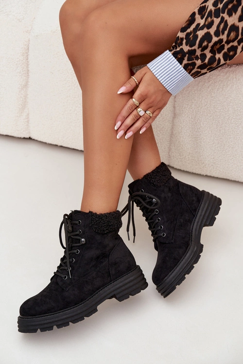 Ocieplane Trapery Botki Damskie Sznurowane Czarne Lyrinne