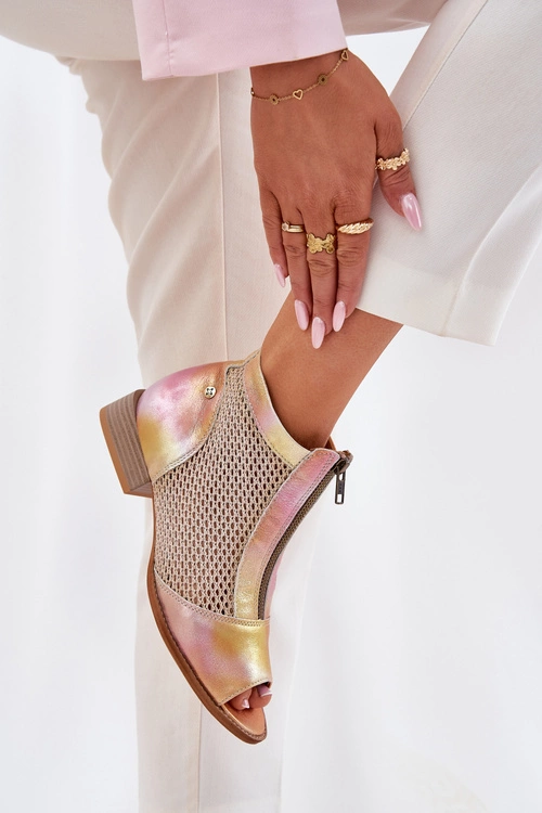 Skórzane Botki Damskie Na Płaskim Obcasie Z Odkrytymi Palcami Maciejka 06413-15 Różowo-Pomarańczowe