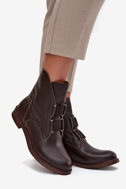 Botki Damskie Z Naturalnej Skóry Na Płaskim Obcasie Zazoo 3842 Czekoladowe