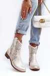 Zazoo 3305/2 Damskie Skórzane Ażurowe Botki Kowbojki Złote