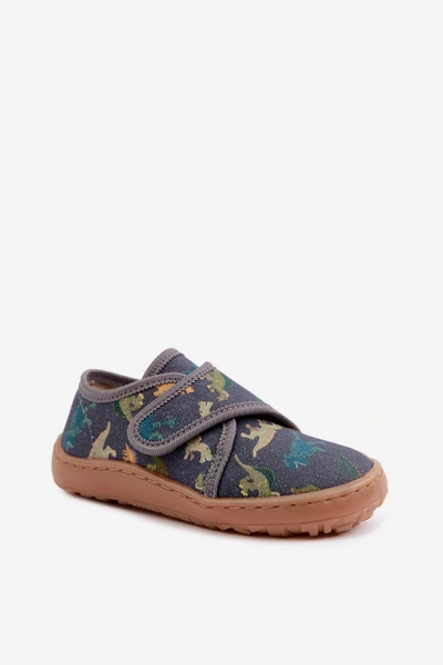 Kapcie Dziecięce Chłopięce Na Rzep Barefoot Dinozaury Froddo G1700438-26 Szare