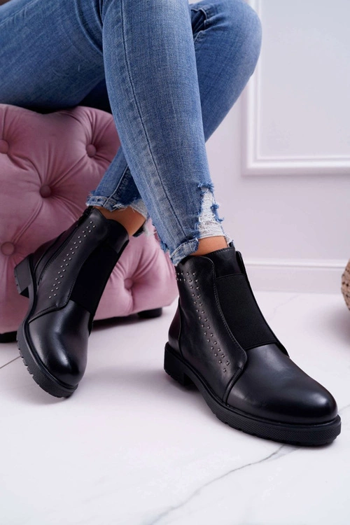 Botki Damskie Płaski Obcas Nity Czarne Sergio Leone BT519