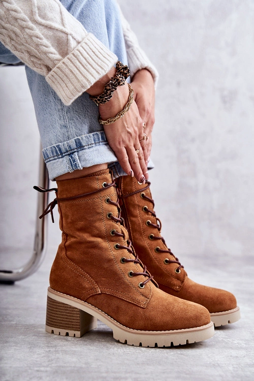 Damskie Ocieplane Botki Trapery Na Obcasie Camel Julieta