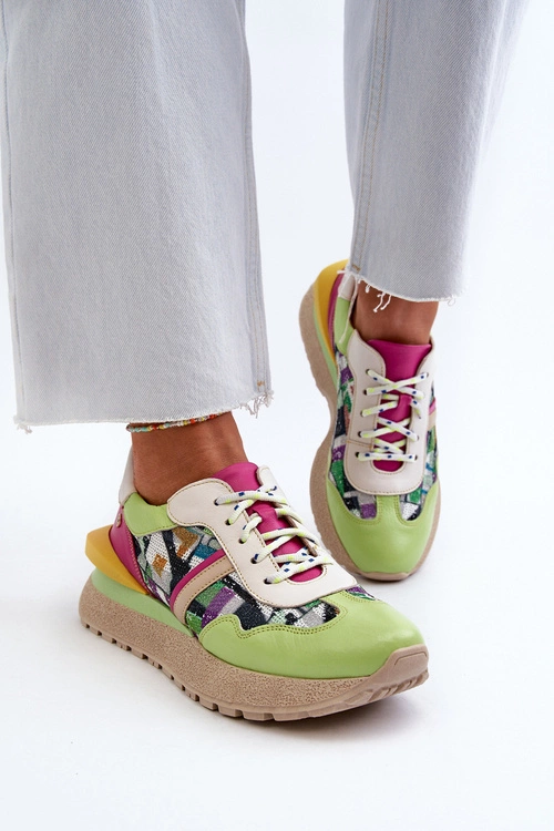 Sneakersy Damskie Skórzane Na Platformie Maciejka 06322-09 Zielono-Różowe
