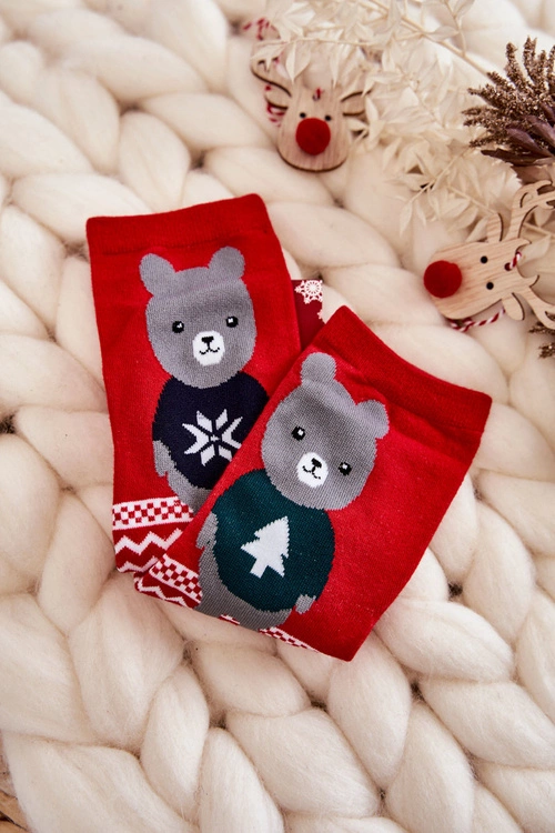 Damskie Skarpetki W Świąteczne Wzory Z Misiem Czerwone