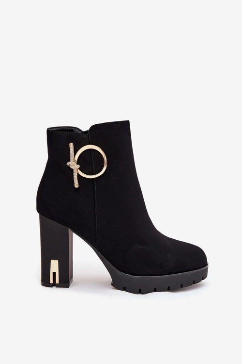 Botki Damskie Ocieplane Na Słupku Ze Złotą Ozdobą Czarne Ysolde