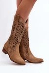 Zazoo 3403 Ażurowe Kozaki Damskie Na Niskim Obcasie Beżowe