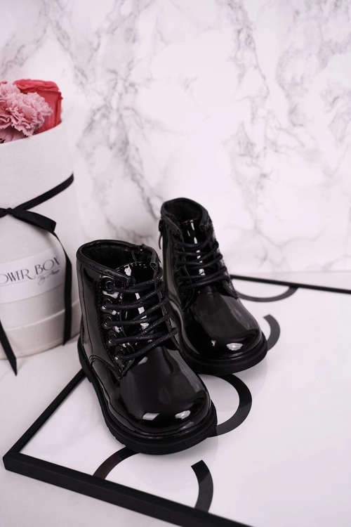 Dziecięce Botki Ocieplane Glany Lakierowane Czarne Ammy