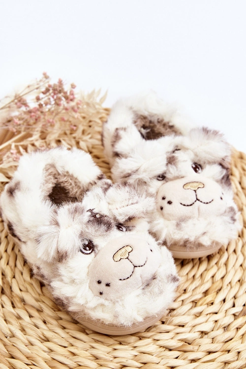 Futrzane Kapcie Dziecięce Z Misiem Jasnobeżowe Apolanie