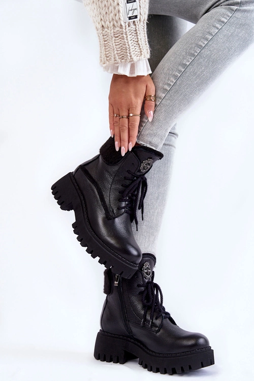 Damskie Skórzane Trapery Botki Czarne Lemar Vergo