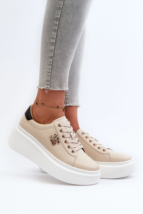 Skórzane Sneakersy Damskie Na Platformie Beżowe Pernalia