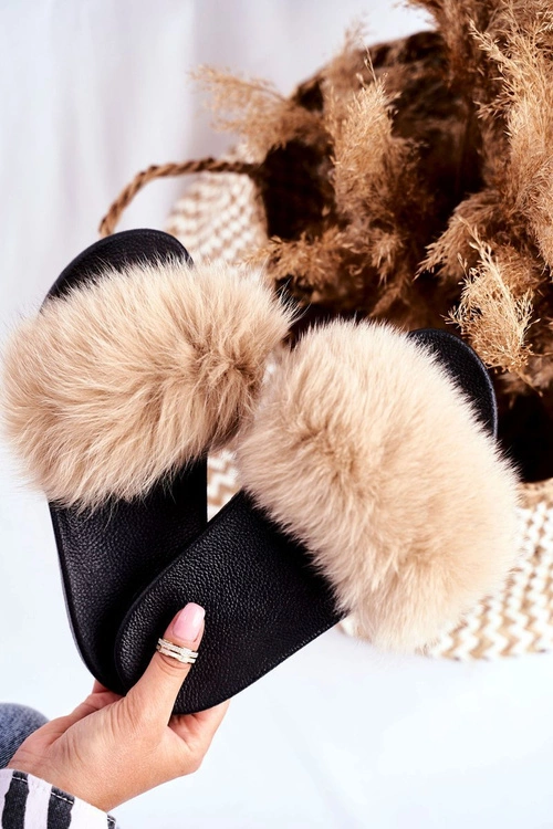 Klapki Damskie z Naturalnym Futerkiem Beżowe Bushido