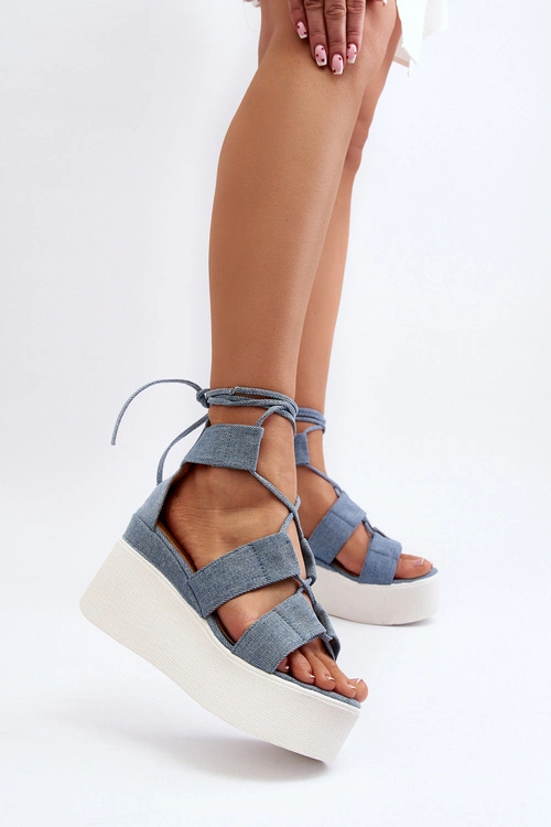 Sandały Damskie Jeansowe Wiązane Niebieskie Helavi