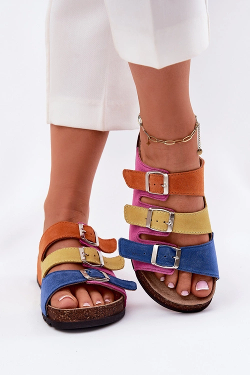 Zamszowe Klapki Damskie Z Klamrami Panto Fino RR267033 Fuksja