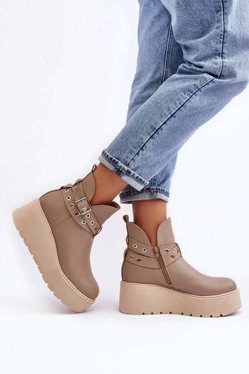 Skórzane Botki Damskie Na Koturnie Platformie Z Paskami Zazoo 1752 Beżowe