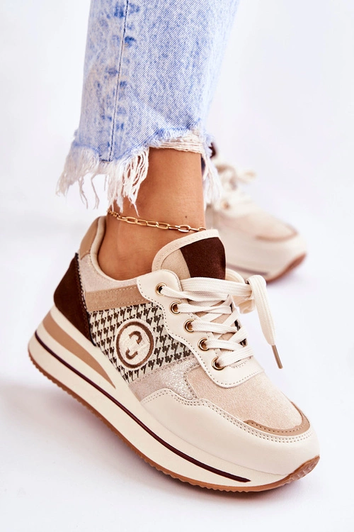 Modne Buty Sportowe Damskie Na Koturnie Beżowo-Brązowe Aronne