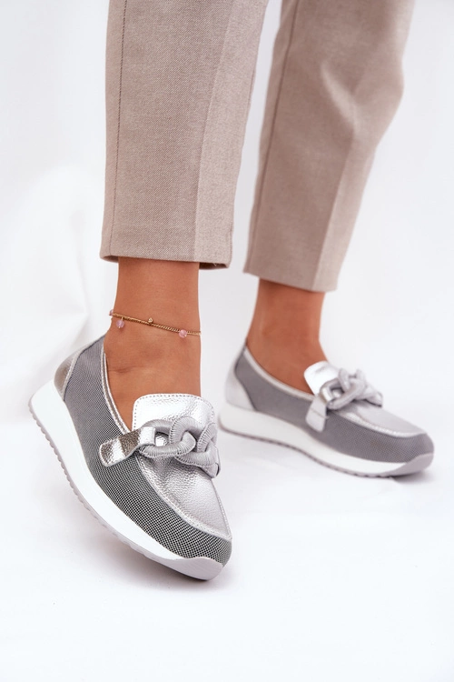 Skórzane Mokasyny Damskie Z Ozdobą D&A LR51-966 Srebrne