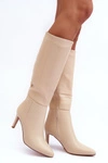 Skórzane Kozaki Na Szpilce Przed Kolano Beżowe Serpens