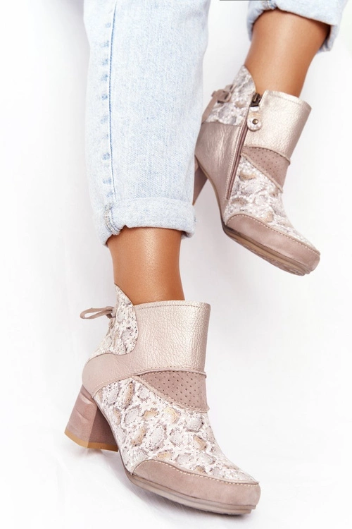 Damskie Skórzane Botki Na Słupku Maciejka Złoto Beżowe 03963-20