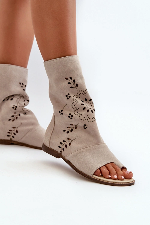 Zazoo 3437 Damskie Zamszowe Sandały Z Cholewką Na Zamek Jasnobeżowe