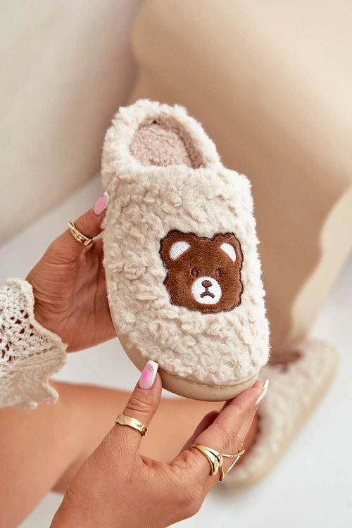 Kapcie Damskie Z Futerkiem Typu Baranek I Misiem Beżowe Temiena