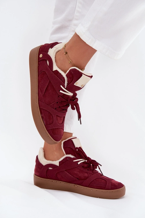 Sneakersy Damskie Na Platformie Ocieplane Futerkiem Bordowe Solvia