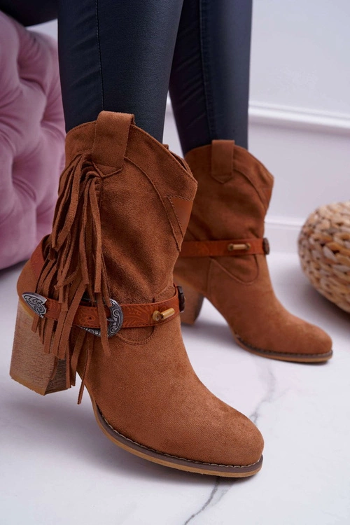 Botki Damskie Kowbojki z Klamrą Brązowe Marciapo