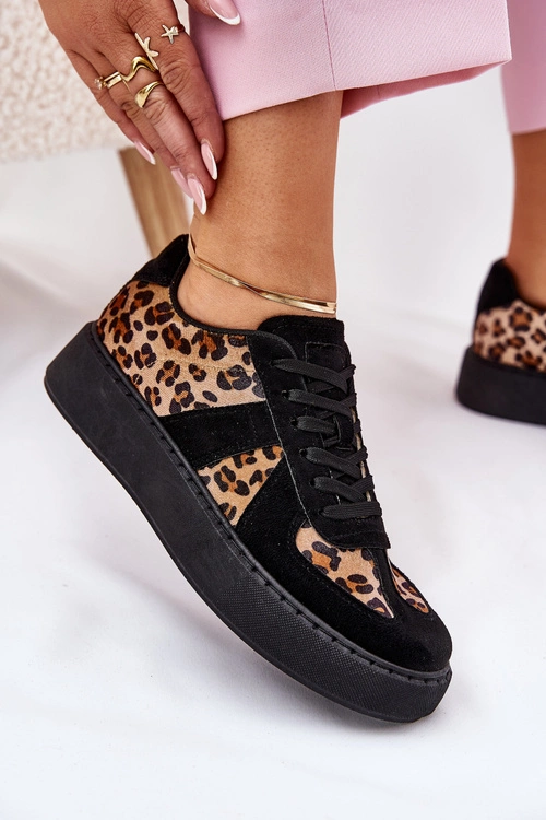 Sneakersy Damskie Z Panterką Na Platformie Czarne Nativira
