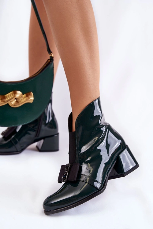 Lakierowane Botki Na Obcasie Z Ozdobną Kokardą Zielone Hallie