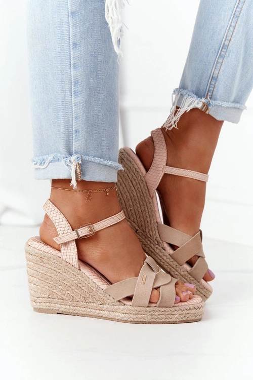 Skórzane Sandały Na Koturnie Big Star HH274380 Beżowe