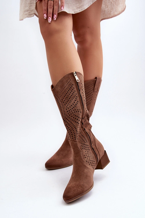 Ażurowe Kozaki Na Niskim Obcasie Brązowe Walea