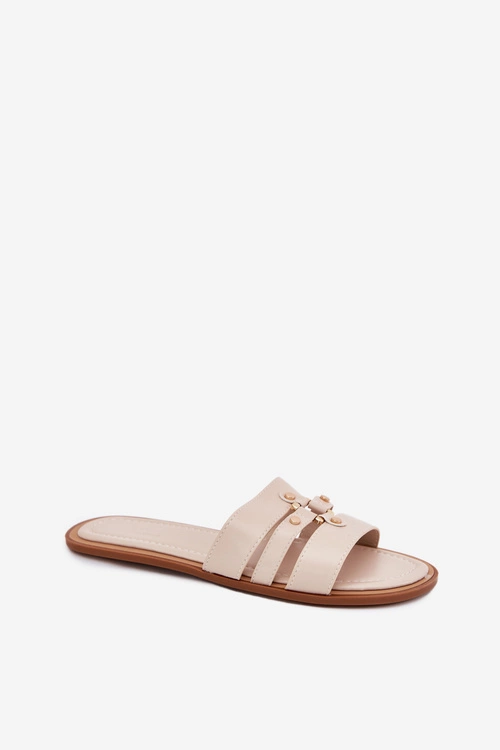 Płaskie Klapki Damskie Ze Złotym Detalem Beżowe Noroti